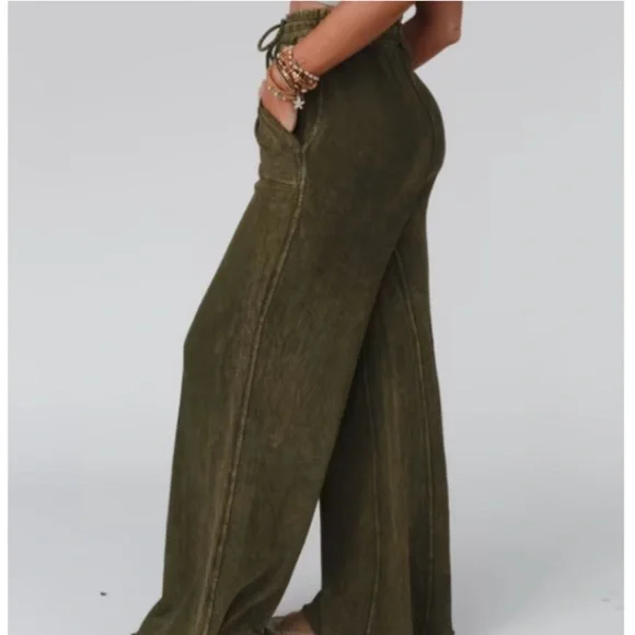 EASEL Wide-leg French terry lounge pants olive green NWT - Picture 2 of 8